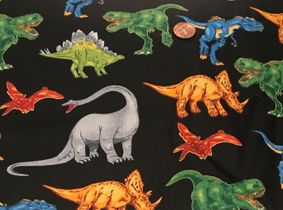 #ad Dinosaurs*Colorful*on Black * Fabric Traditions * 100% Cotton Remnant * 22quot; x 8quot; $1.75