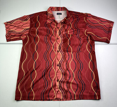 #ad Patagonia Rhythm Mens Red Camp Shirt Wavy Lines Short Sleeve Trippy L RARE $65.00