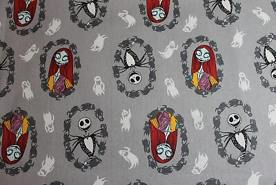 #ad Nightmare Before Christmas Fabric Gray Ghost Badges Jack Sally Sold by the Yard $16.50