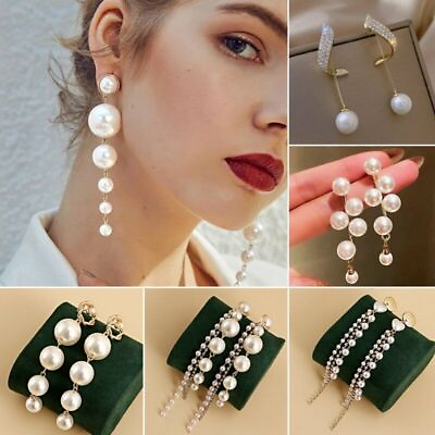 #ad Fashion Long Tassel Pearl Crystal Ear Drop Dangle Stud Earrings Women Jewellery C $9.95
