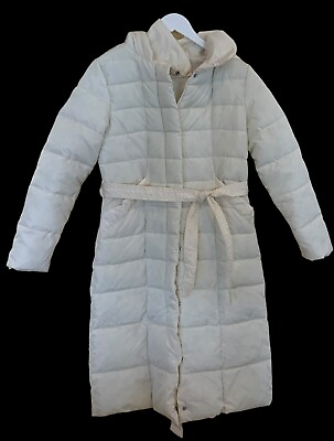#ad Womens White Puffer Coat Detachable Fur Trim Zip Snap Tie Closure Long White Lg $89.92