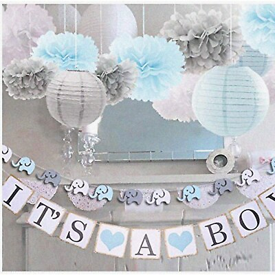 #ad Elephant Parade Baby Shower Kit Blue White and Grey Decorations with It#x27;s a $62.99