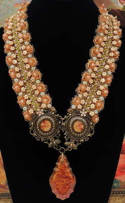 #ad Michal Negrin Pearl Peach Lace Necklace Beaded Victorian Statement Large Bib $254.15