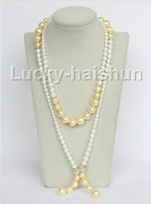 #ad NEW Graduated 49quot; 14mm round white golden south sea shell pearls necklace j11081 $19.99