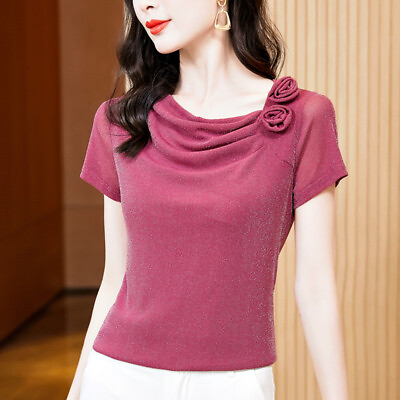 #ad Women 3D Flower Glitter Mesh Cowl Neck Summer Short Sleeve Tee Shirt Blouse Tops $21.60