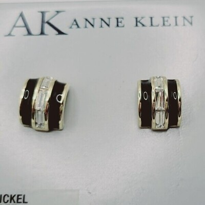 #ad Anne Klein Silver Tone Pierced Earrings Crystal amp; Black Half Hoops Vintage New $12.00