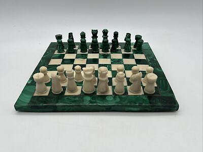 #ad 7.75 Inch Marble Malachite Inlay Chess Board Game Set Collectible *READ DESC** $149.85