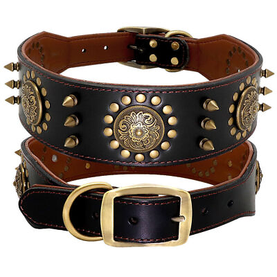 #ad Spiked Studded Genuine Leather Dog Collar Heavy Duty Wide Padded Pet Collars $27.99