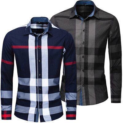 #ad New Men#x27;s Random Plaid Shirt Long Sleeve Casual Button Down Cotton Shirts Tops $24.76