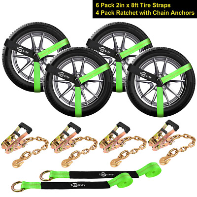 #ad Green Lasso Car Wheel Tie Down Ratchet Straps with Premium Chain Anchors 4 Pack $84.91