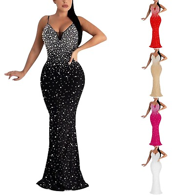 #ad Womens Long Evening Dress Bling Sequined Sleeveless Formal Gowns Evening Dresses $45.98