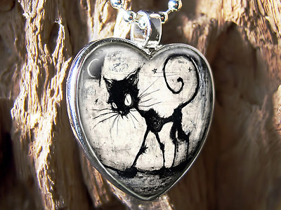#ad Cute Gothic Black Kitty Cat amp; Moon Silver Glass Heart Halloween Pendant Necklace $16.98