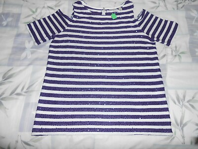 #ad Junior#x27;s Teen Chico#x27;s Cold Shoulder Top Size 8 10 Purple amp; White Stripe Sequins $5.99