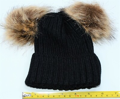 #ad Baby Winter Warm Hat Newborn Knit Hat Infant Beanie Black With Furry Pom Poms $15.99