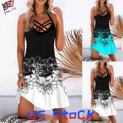 #ad Womens Summer Halter Neck Cami Dress Ladise Beach Floral Loose Fit Mini Sundress $16.43