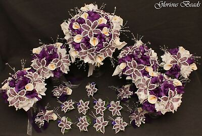 #ad 19 Piece Package Silk and Beaded Flower Wedding Bridal Bouquet Set PURPLE Lilies $395.00