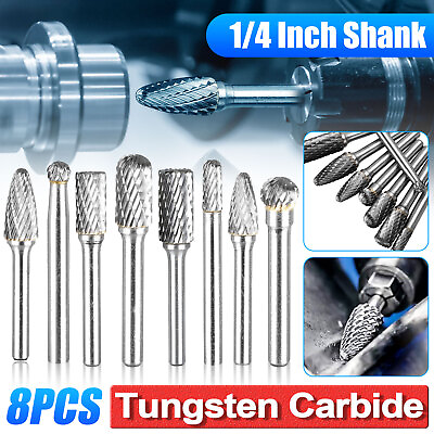 #ad 8Pcs Double Cut Tungsten Steel Carbide Rotary Burrs 1 4#x27;#x27; Shank Die Grinder Bit $23.98