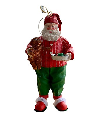 #ad Santa Claus Ornament Figurine Red Green Pajamas Slippers Feeding Brown Dog 7” $16.00