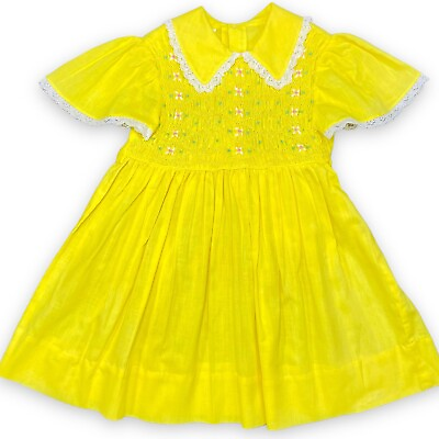 #ad Vintage Girls Sweet Yellow Pastel Embroidered Smocked Dress 4T 4 5 $36.00