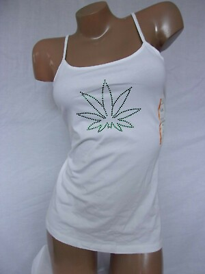 #ad New tank top with Pot Leaf in rhinestones size L stretchy weed marijuana $13.59