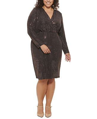 #ad Calvin Klein Plus Size Glitter Dot Surplice CopperBlack Dress Size 14W $43.99