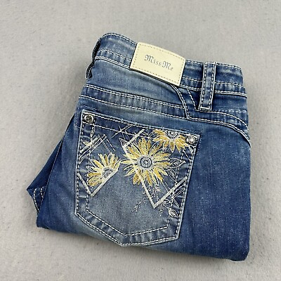 #ad Miss Me Mid Rise Boot Cut Jeans Women#x27;s Size 32 Sunflower Embroidered Frayed Hem $32.99