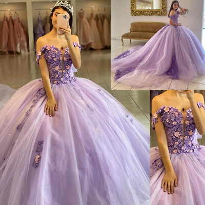 #ad Purple Princess Quinceanera Dresses Ball Gown 3D Flowers Vestidos De 15 Años $158.39