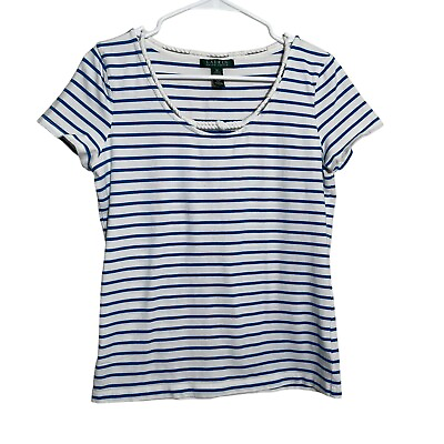 #ad Lauren Ralph Lauren T Shirt Women#x27;s Medium Blue White Striped Short Sleeve $13.00
