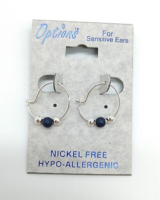 #ad Options Silver Tone Navy Blue Bead Saddle Back Nickel Free Small Hoops Earrings $3.99