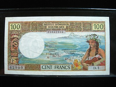 #ad TAHITI 100 FRANCS 1969 P23 PAPEETE W O REPUBLIQUE FRANCAISE OVERPRINT 909# MONEY $85.90