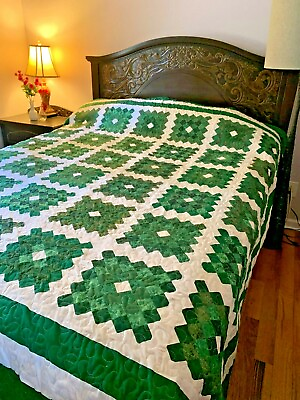 #ad Green Handmade Patchwork Queen Quilt Birthday Gift Christmas Gift Wedding Gif $689.00