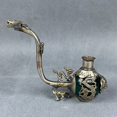 #ad Tibet Silver Inlaid old Jade Handmade Statue Dragon phoenix tiger Smoking Pipe $17.99