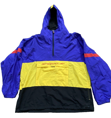 #ad Vintage Speedo Jacket Mens L Blue Yellow Black Anorak Pullover Windbreaker $24.99