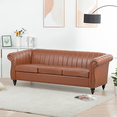#ad 83in Chesterfield Sofa Faux Leather Upholstered 3 Seater Rolled Arm Tufted Brown $699.99
