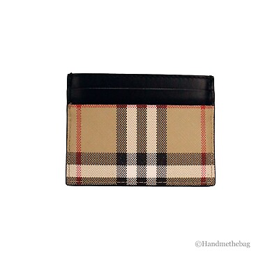 #ad Burberry Sandon Black Canvas Check Printed Leather Slim Card Case Wallet $169.00