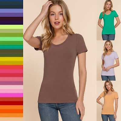 #ad Round Scoop Neck Short Sleeve Basic Top Soft Stretch Cotton Fitted T Shirt Tee $7.00