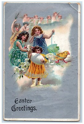 #ad Easter Postcard Greetings Children Egg Baby Chick Embossed Davenport ND 1909 $9.72