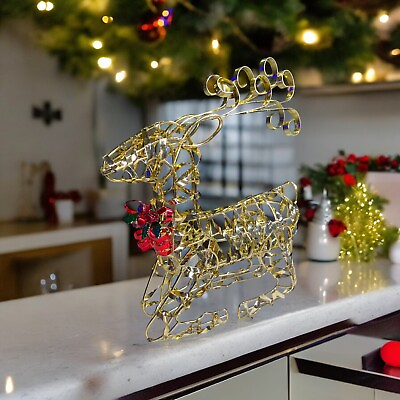 #ad Reindeer Christmas Gold Tone Twisted Metal Wire Figurine Jingle Bell Bow $14.44