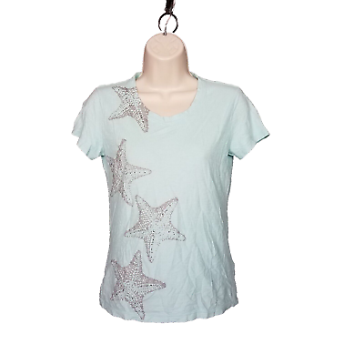 #ad Banana Republic Outlet XS Cotton Star Fish Beaded Blouse Top Tee Pale Mint Green $18.95