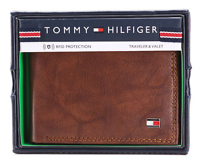 #ad Tommy Hilfiger Men#x27;s Extra Capacity RFID Leather Traveler Wallet Tan 31TL240006 $27.29