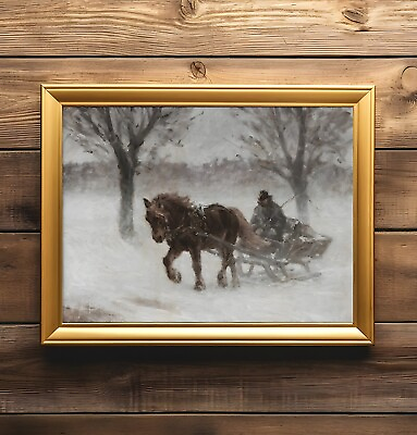 #ad Rustic Winter Oil Painting Farmhouse Decor Vintage Horse Sleigh Antique Wall Art $9.95