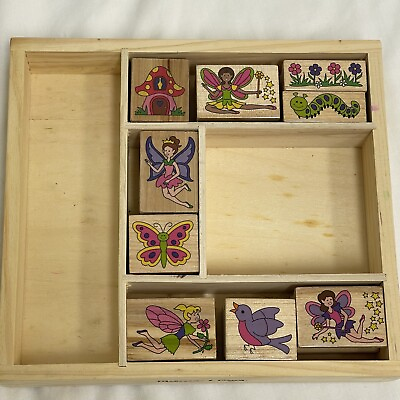 #ad Melissa and Doug Set of 9 Wooden Fairy Garden Stamps In Original Wood Box $8.88
