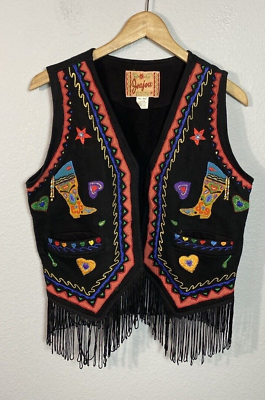 #ad Jou Jou Western Vest Womens Boots Cowboy Embroidered Beaded Fringe Medium $30.00