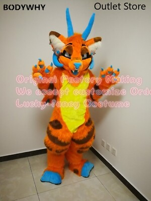 #ad Orange Dragon Fursuit Long Fur Mascot Costume Cosplay Dress Carvinal Performance $470.81