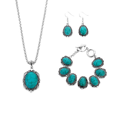 #ad Retro Jewelry Set Bohemian Wind National Wind Female Turquoise Earrings $8.82