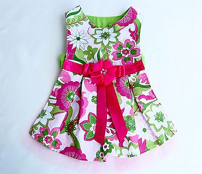 #ad Pretty Pink Green Flower Print Dog Dress XS M USA Made Dogs Puppies Cats $24.95