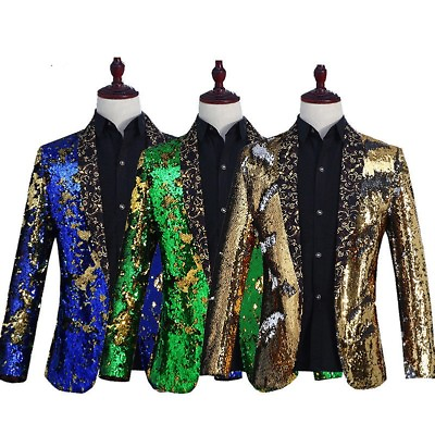 #ad Men Reversible Two Tone Shiny Sequin Cardigan Jacket Suit Stage Costume Coat Top $71.90