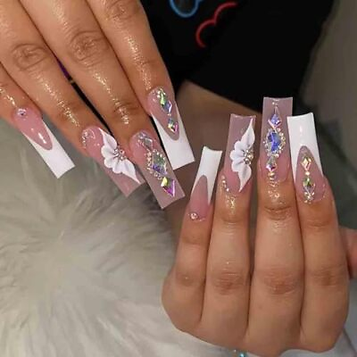 #ad White Press on Nails Artificail Extra Long French Square Fake Nails Nails 8 $18.21