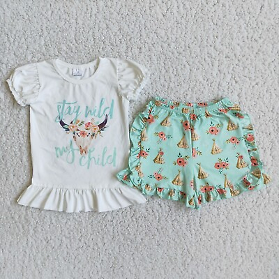 #ad Kids Girls Boutique Clothes Set Stay Wild My Child Ruffle Shorts Summer Outfit $24.00