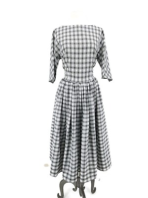 #ad NWOT Unique Vintage Plaid Swing Dress Womens M Taupe White Retro High Neck $45.00